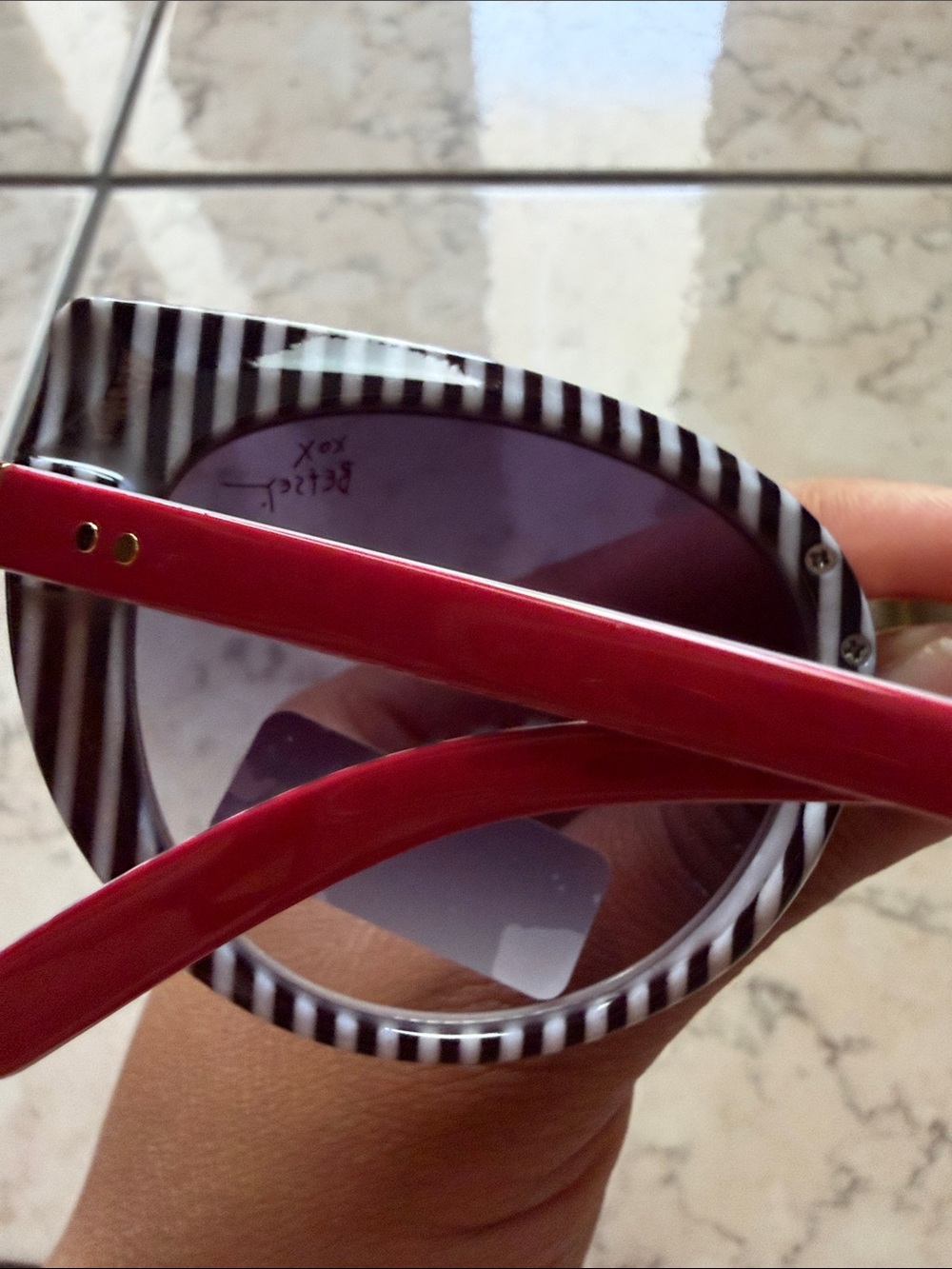 Betsey Johnson Red Cat Eye Sunglasses | Black & White Striped Oversized Designer - Picture 7 of 8
